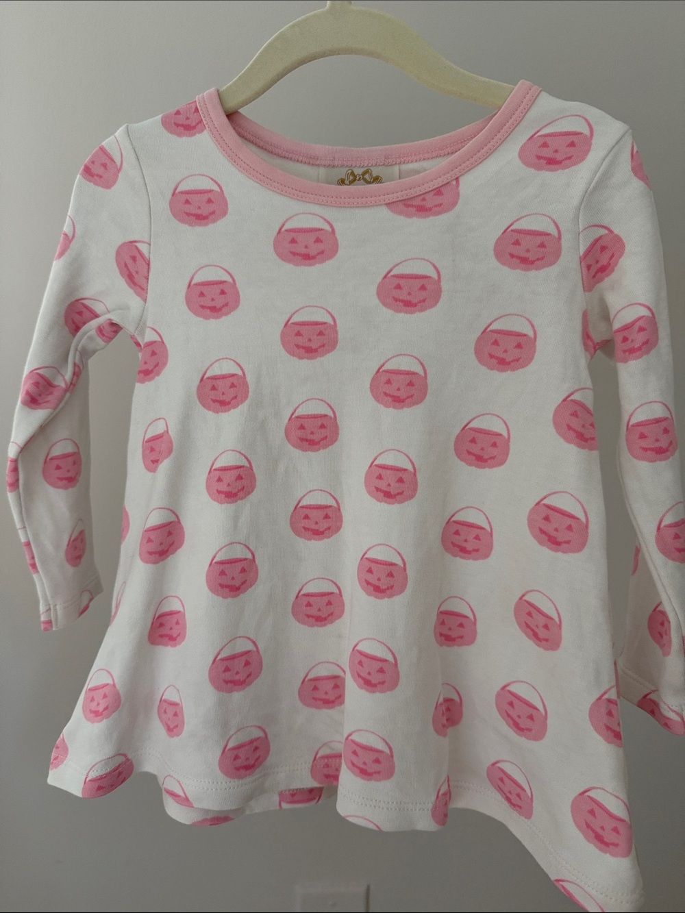 The Beaufort Bonnet Company White Long-Sleeve Dress with Pink Pumpkin Print